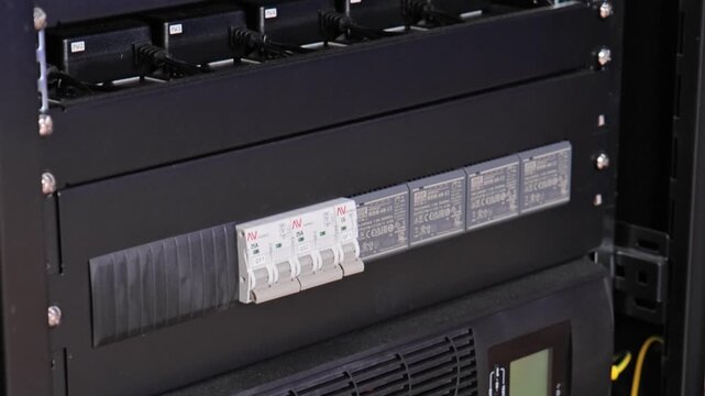 A telecommunications rack with installed network equipment and an uninterruptible power supply. 