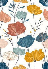 Obraz premium An illustration of stylized flowers and leaves in muted terracotta navy blue mustard yellow teal green orange pink and offwhite on a white background in the st.