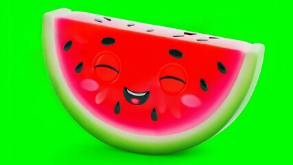 3D anthropomorphic watermelon slice with expressive cartoon eyes and smile, positioned on bright green chroma key background. - Powered by Adobe