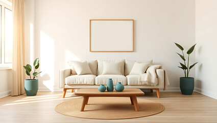 Bright Scandinavian Japandi Living Room with Minimalist Decor