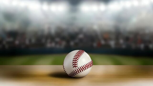 A baseball is sitting on a wooden surface in front of a crowd. The crowd is watching the game and the baseball is the main focus of the image