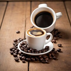 Fototapeta premium Espresso Coffee Cup with Beans on a wooden Table.