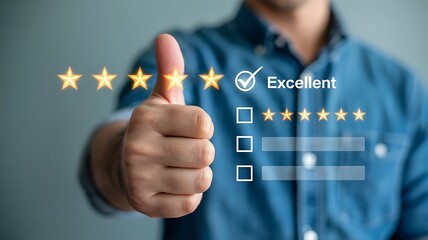 Close up of a hand giving a thumbs up with a five-star rating and excellent feedback displayed on a digital interface.