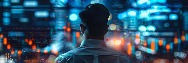 Man in front of glowing digital interface, future