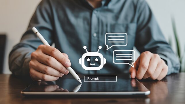 Hands interacting with ai chatbot interface on tablet screen for digital communication and virtual assistance