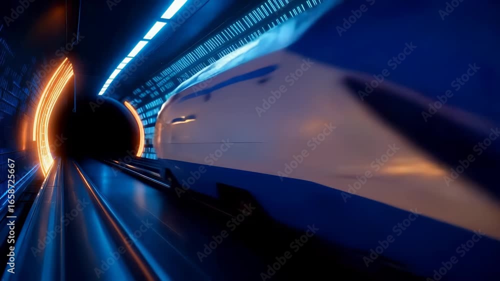 Poster modern train moving through illuminated technological tunnel with blue and orange light streaks. dyn