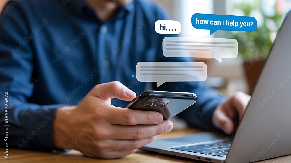 Aufkleber person using smartphone interacting with ai chatbot interface on a laptop screen with technology the
