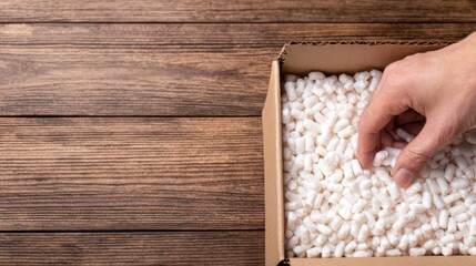 Hand reaching into a cardboard box filled with packing peanuts on a wooden table background