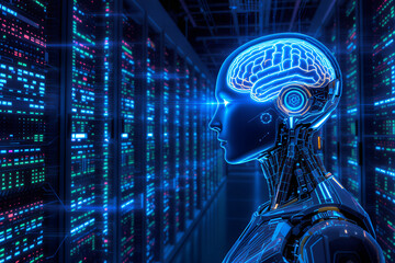 Futuristic artificial intelligence robot with glowing blue brain and data streams in a digital server room