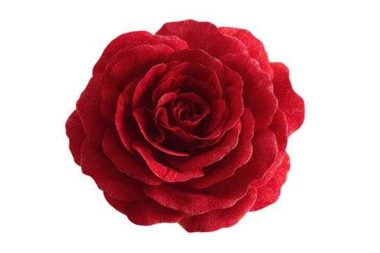 Close-up of a vibrant red rose, centered on a black background.  The rose's petals are layered and textured, displaying a deep crimson hue.  