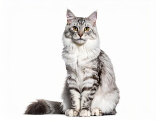 Obraz premium Majestic Maine Coon Cat: A silver Maine Coon cat sits gracefully. It's a close-up, portrait-style shot