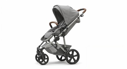 Modern grey baby stroller on a white background with copy space