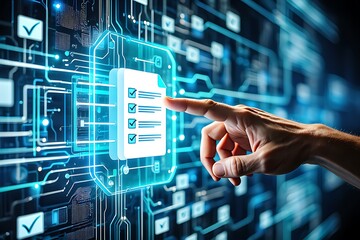 businessman hand touching virtual screen