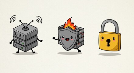 Three anthropomorphic icons representing network devices and security