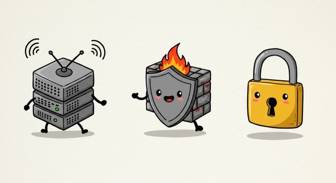 Three anthropomorphic icons representing network devices and security