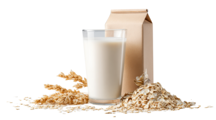 Glass of Oat Milk with Oats and Eco-Friendly Packaging on white background