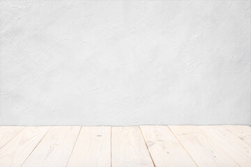 Empty wooden deck table over white textured wall background