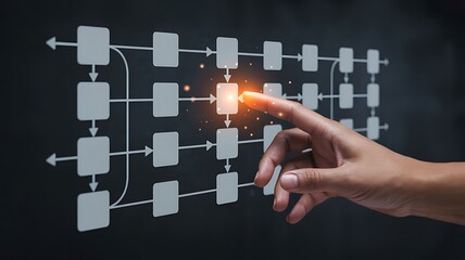 Hand interacting with futuristic digital network grid visualizing data flow and ai connectivity