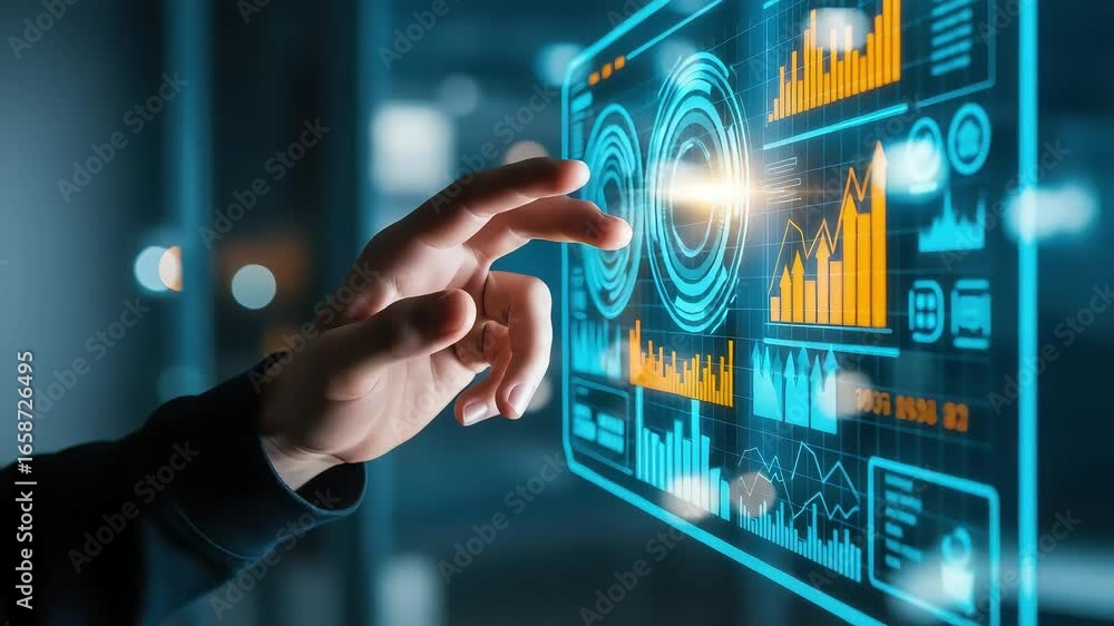 Poster a persons hand interacts with a futuristic digital interface displaying complex data analytics and f