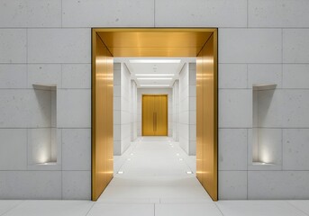 Modern golden entrance to a bright and futuristic corridor