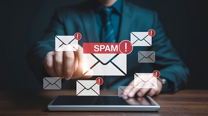 Man touching spam email icon digitally circulated surrounded by unwanted messages online