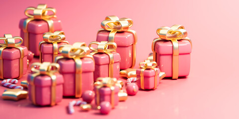 3D pink Christmas gifts with golden ribbons