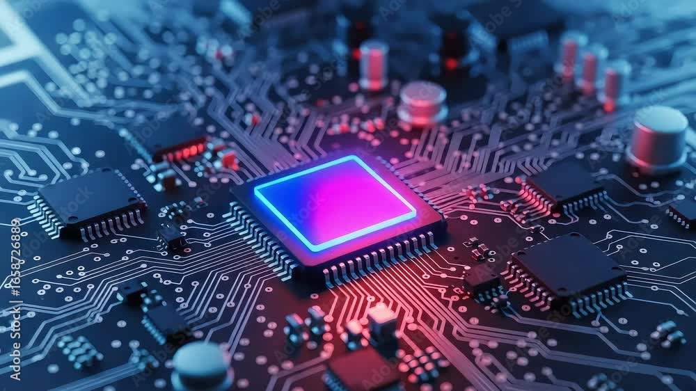 Poster a closeup view of a glowing blue and pink central processor chip on a complex electronic circuit boa
