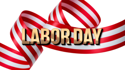 Celebrate labor day with a festive red and white striped ribbon and golden text for your designs on transparent background