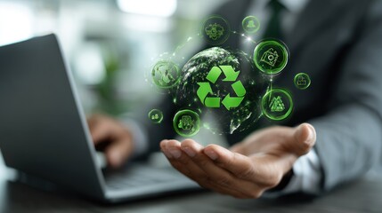 Fototapeta premium Sustainability Vision: A professional, hand outstretched, cradles a holographic representation of Earth intertwined with recycling symbols.
