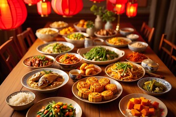 Festive Chinese New Year Feast Featuring Abundant Delicious Dishes Ready for Celebration