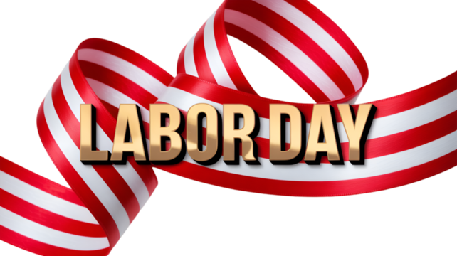 Celebrate labor day with a festive red and white striped ribbon and golden text for your designs on transparent background