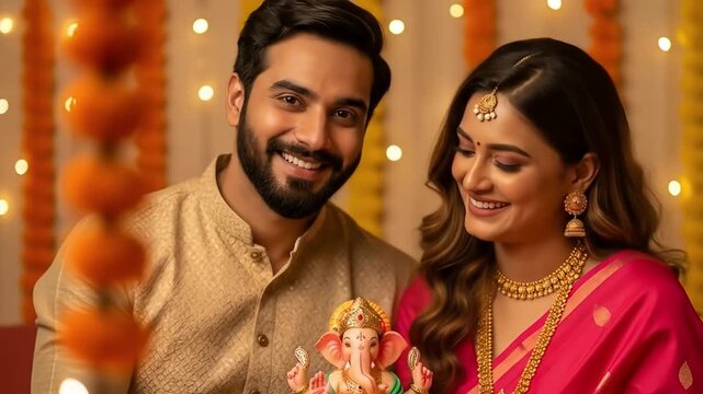 Image is a vibrant, festive photograph featuring a young couple seated together, holding a small idol of Lord Ganesha. The setting is warmly lit with soft, ambient lighting, creating a cozy and intima