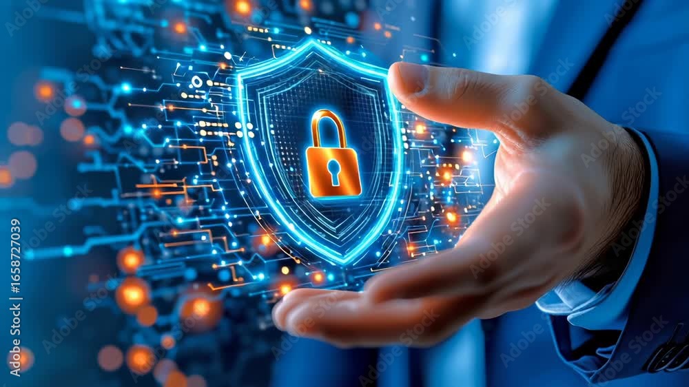 Poster Hand holding futuristic digital shield with glowing lock symbol representing advanced cyber protection. Technological background with circuit network and blurred light elements