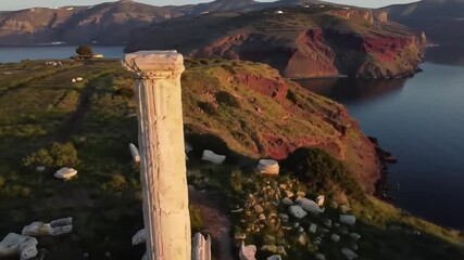 Ancient Greek column overlooking a scenic volcanic caldera at sunset. - Powered by Adobe