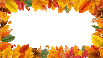 Autumn leaves frame a black rectangle.  Colorful, vibrant autumn leaves border a large black space.  Various shades of red, orange, yellow, and green leaves create a fall-themed frame