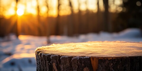 Golden Hour Winter Wonderland: A Frosty Tree Stump at Sunset