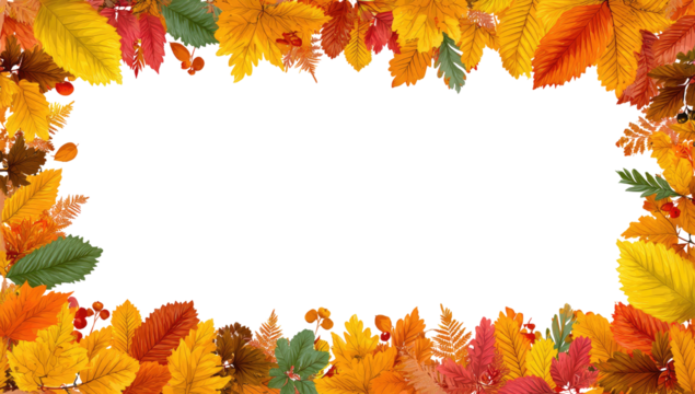 Autumn leaves frame a black rectangle.  Colorful, vibrant autumn leaves border a large black space.  Various shades of red, orange, yellow, and green leaves create a fall-themed frame