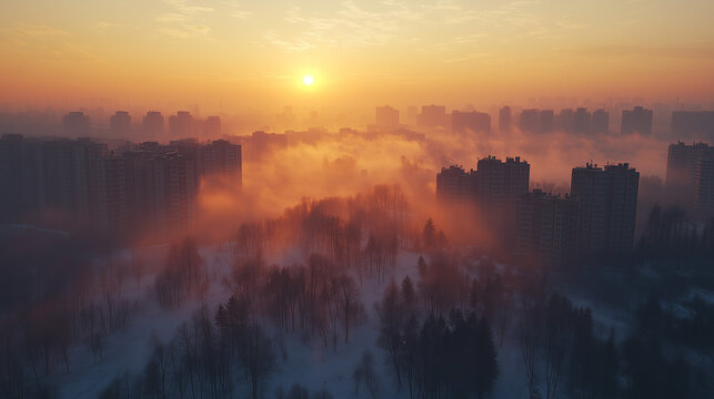 Aerial view of a winter city at sunrise, with tall buildings and bare trees emerging from a vibrant orange fog.