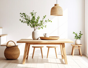Bright minimalist dining room with wooden table, stools, and wicker decor. Green plants in ceramic vases add freshness. Natural light highlights cozy Scandinavian interior design.
