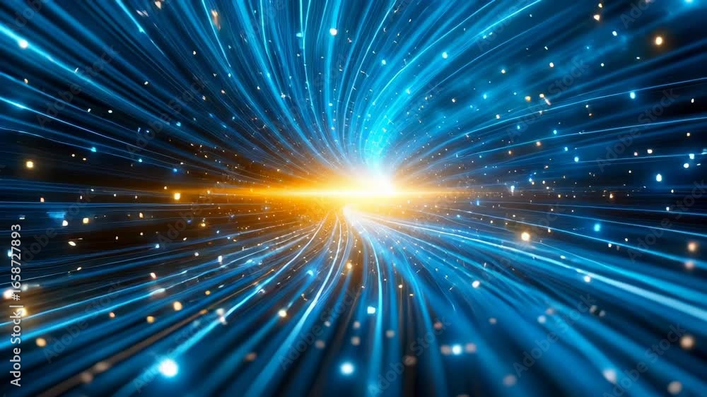 Poster dynamic visualization of light speed travel with radial blue and golden energy streams converging in