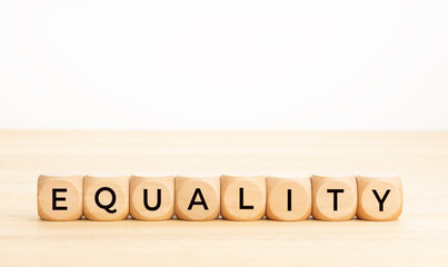 Equality concept. Text on wooden blocks. White background. Copy space