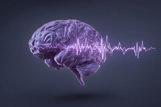 Epilepsy awareness concept. Brain and encephalography in epilepsy patient during seizure attack, 3D illustration in purple color