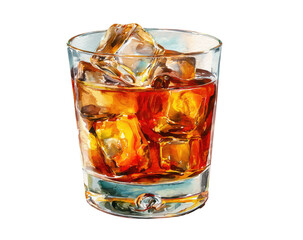 A detailed illustration of a whiskey glass filled with amber liquid and ice cubes