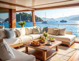 Obraz premium Luxury yacht deck with comfortable sofas, decorative pillows, wooden table with fresh fruits and coffee, overlooking turquoise sea, sailing boats, and scenic mountain coastline. 