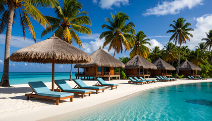 Tropical beach resort with thatched bungalows, palm trees, and sun loungers by turquoise sea. Exotic paradise vacation destination offering relaxation, luxury, and summer escape.