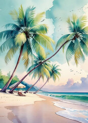Watercolor beach landscape with seashell and palm tree, beautiful ocean painting,  coastal, tropical beach, summer sunset beach vacation art illustration