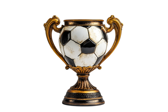 Golden soccer trophy with football design isolated on transparent background
