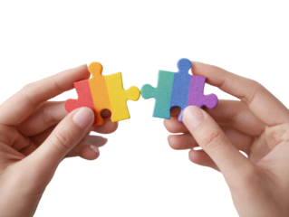 Two hands hold interlocking rainbow puzzle pieces
