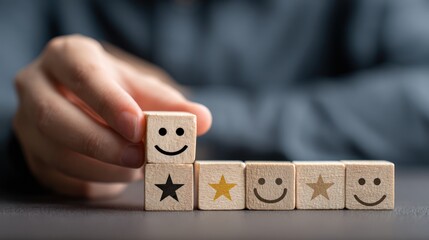 Customer Satisfaction: A hand carefully places a block with a smiley face atop a stack of other blocks with stars and smiley faces.