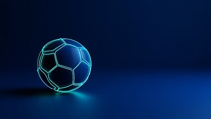 Naklejka premium Futuristic Glowing Soccer Ball on a Dark Blue Background with Subtle Reflections